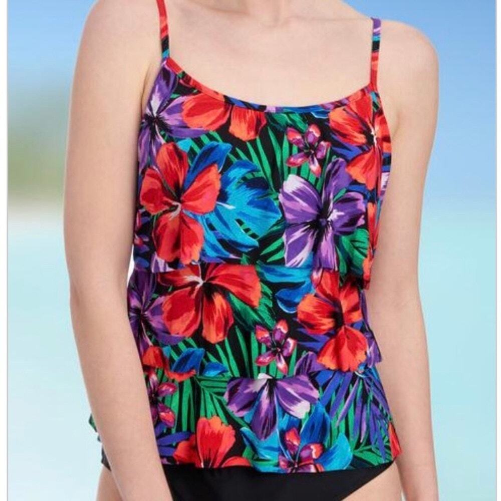 Caribbean Joe Tropical Floral Tiered Swing Tankini Swim Bathing Suit Top Size 12